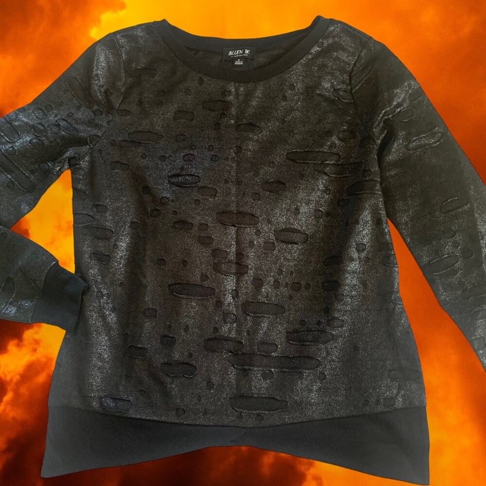 Black Metallic | Distressed Medium Pullover | Allen B. Schwartz | Black Ripped